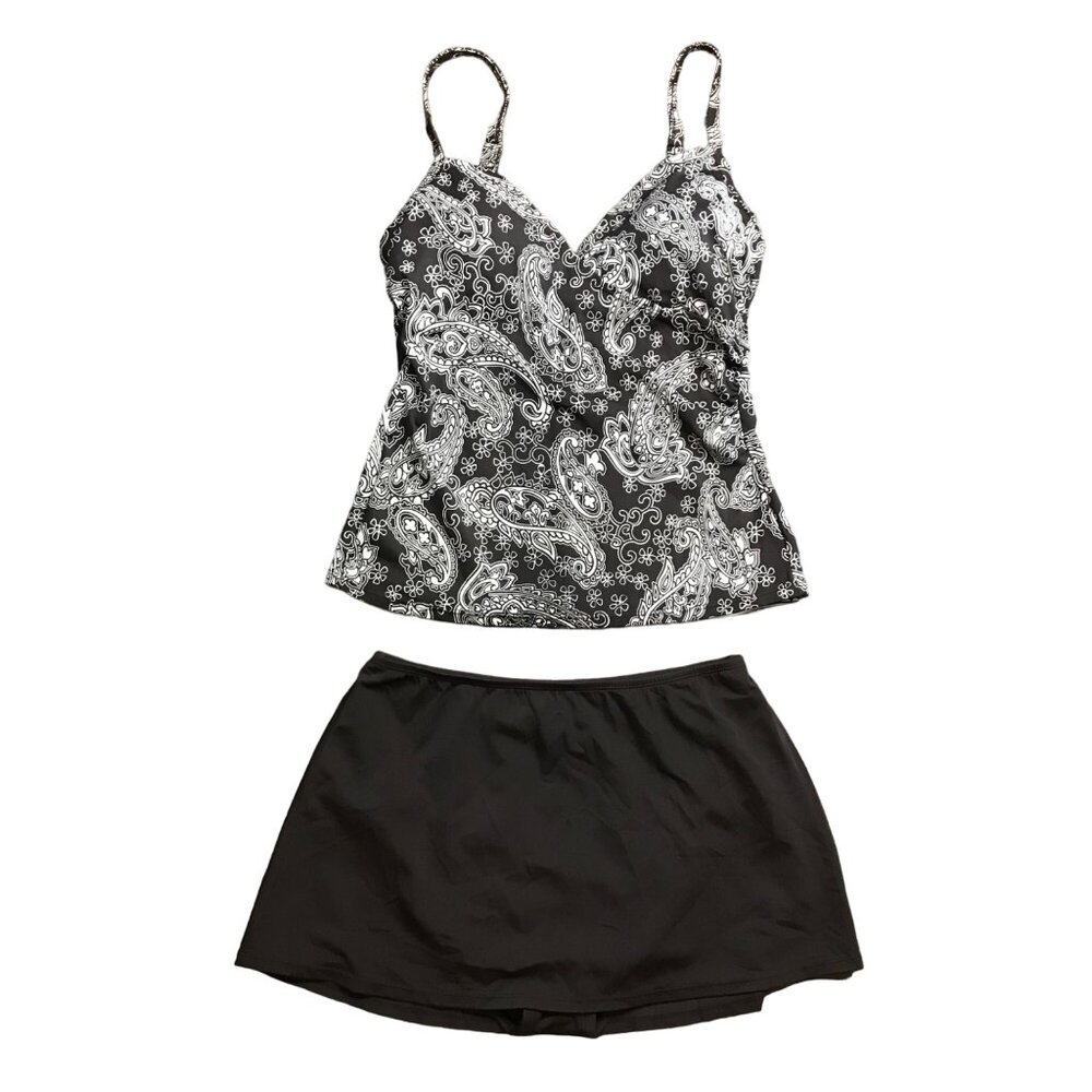 Jantzen Paisley Tankini Top Skirted Bottoms Womens 10 Brown‎ White Two Piece